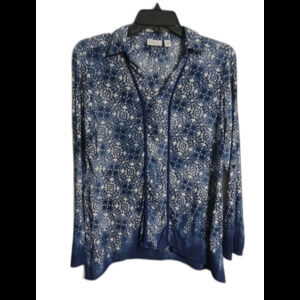 Women's Kim Rogers Long Sleeve Blue Print Blouse Size S Top Roll Tab
